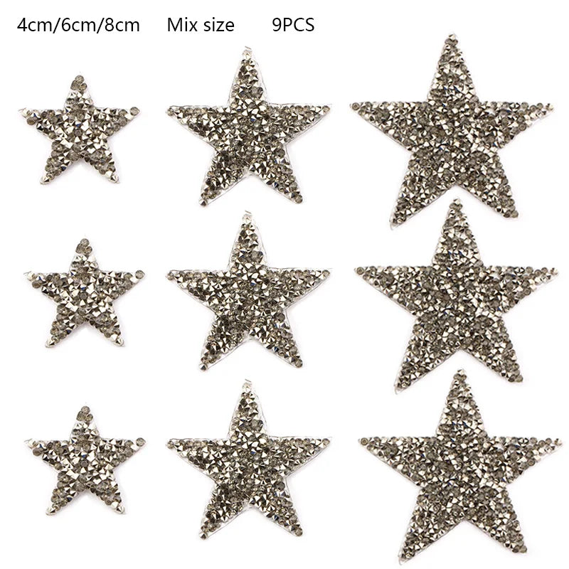 4/6/8Cm Hotfix Jet Hematite Star Rhinestone Mixed Embroidered Iron on Patch for Clothing Badge Paste for Clothes Bag Pant Shoes