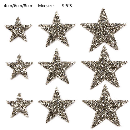 4/6/8Cm Hotfix Jet Hematite Star Rhinestone Mixed Embroidered Iron on Patch for Clothing Badge Paste for Clothes Bag Pant Shoes