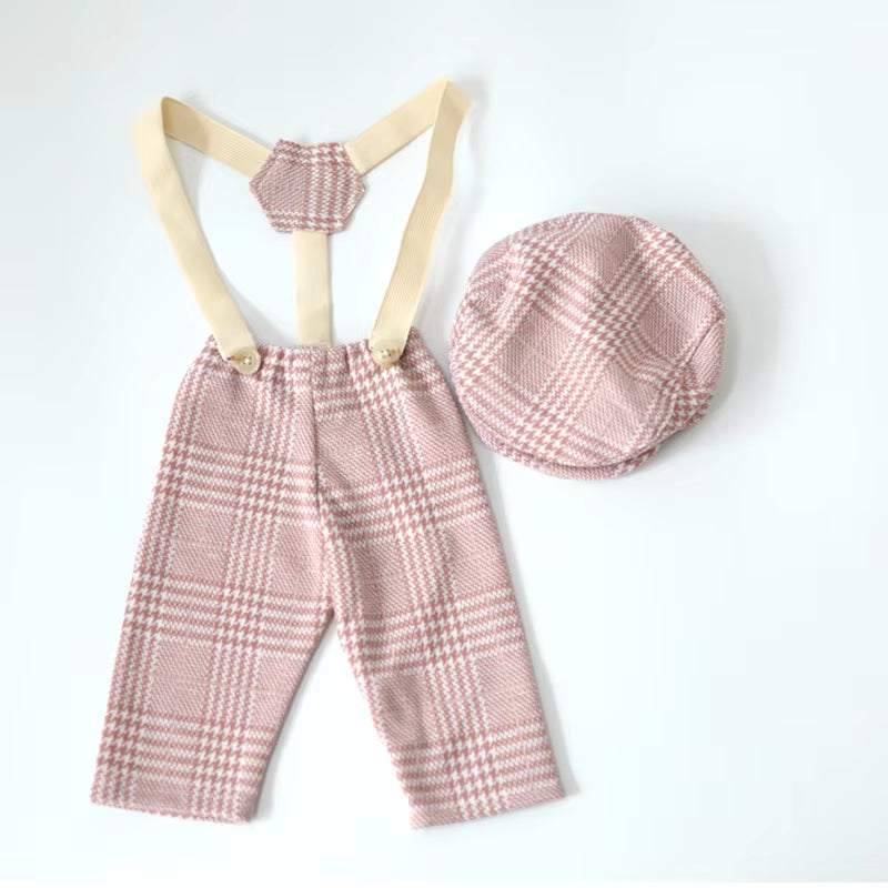 Newborn Clothes Boy Romper Hat Suits Set with Suspenders Baby Photography Prop Sessions Onesie Newborn Photo Outfit Flat Cap