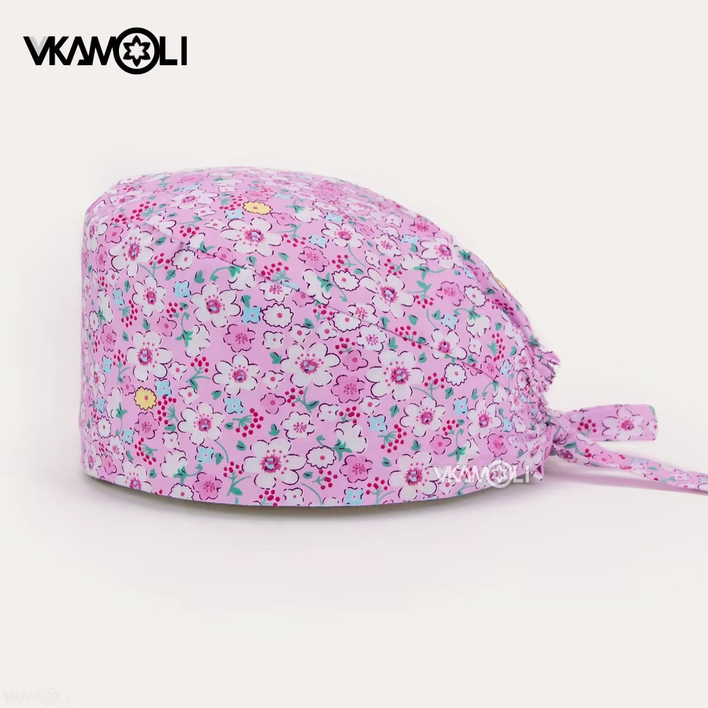 Women'S Cotton Scrubs Caps Weat-Absorbent Elastic Section Pet Grooming Nursing Work Hats Lab Flower Print Scrub Hat Wholesale