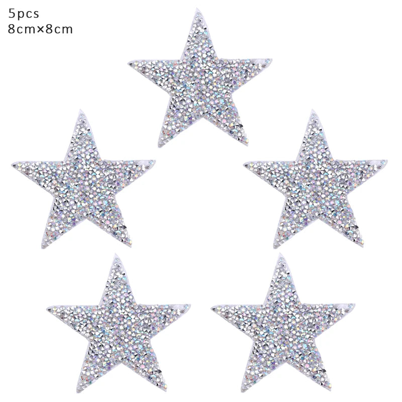 4/6/8Cm Hotfix Jet Hematite Star Rhinestone Mixed Embroidered Iron on Patch for Clothing Badge Paste for Clothes Bag Pant Shoes
