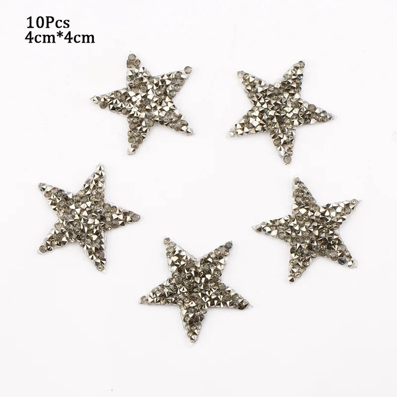 4/6/8Cm Hotfix Jet Hematite Star Rhinestone Mixed Embroidered Iron on Patch for Clothing Badge Paste for Clothes Bag Pant Shoes