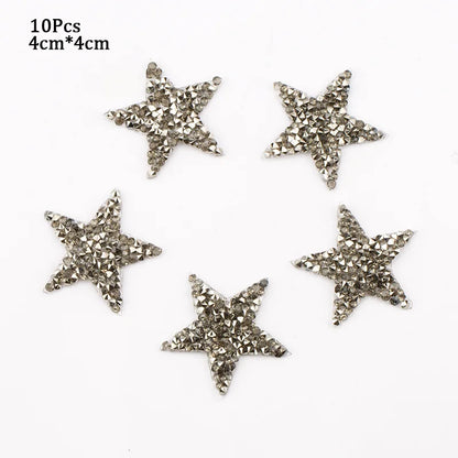 4/6/8Cm Hotfix Jet Hematite Star Rhinestone Mixed Embroidered Iron on Patch for Clothing Badge Paste for Clothes Bag Pant Shoes