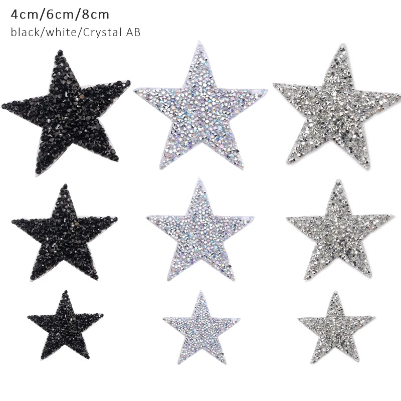 4/6/8Cm Hotfix Jet Hematite Star Rhinestone Mixed Embroidered Iron on Patch for Clothing Badge Paste for Clothes Bag Pant Shoes