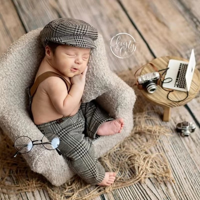 Newborn Clothes Boy Romper Hat Suits Set with Suspenders Baby Photography Prop Sessions Onesie Newborn Photo Outfit Flat Cap