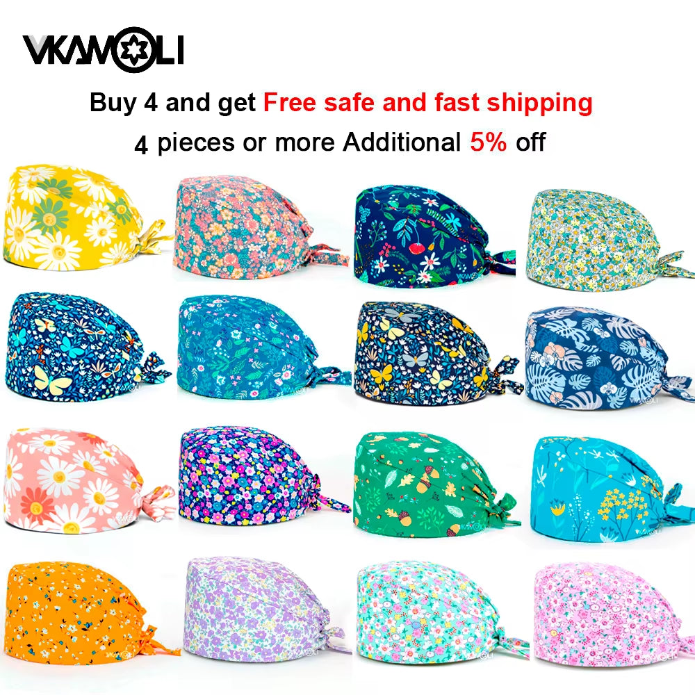 Women'S Cotton Scrubs Caps Weat-Absorbent Elastic Section Pet Grooming Nursing Work Hats Lab Flower Print Scrub Hat Wholesale