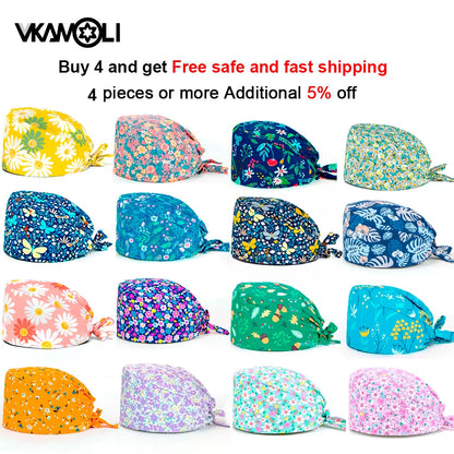 Women'S Cotton Scrubs Caps Weat-Absorbent Elastic Section Pet Grooming Nursing Work Hats Lab Flower Print Scrub Hat Wholesale