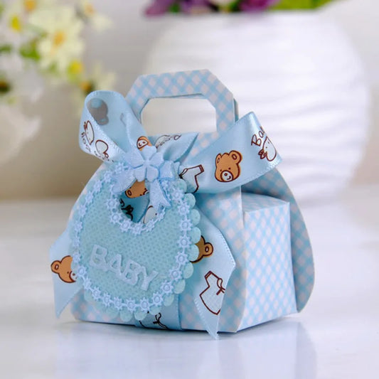 12Pcs/Lot Bear Shape DIY Paper Wedding Gift Christening Baby Shower Party Favor Boxes Delicate Candy Box with Bib Tags & Ribbons