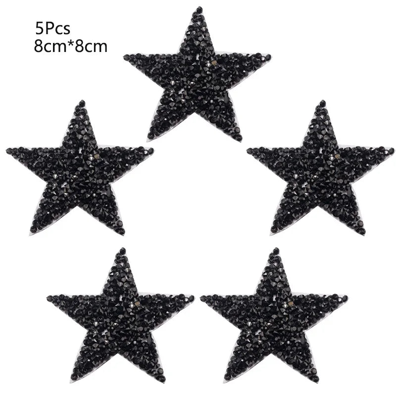4/6/8Cm Hotfix Jet Hematite Star Rhinestone Mixed Embroidered Iron on Patch for Clothing Badge Paste for Clothes Bag Pant Shoes