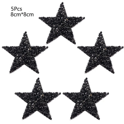 4/6/8Cm Hotfix Jet Hematite Star Rhinestone Mixed Embroidered Iron on Patch for Clothing Badge Paste for Clothes Bag Pant Shoes