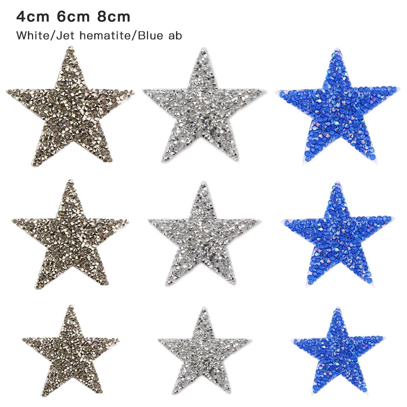 4/6/8Cm Hotfix Jet Hematite Star Rhinestone Mixed Embroidered Iron on Patch for Clothing Badge Paste for Clothes Bag Pant Shoes
