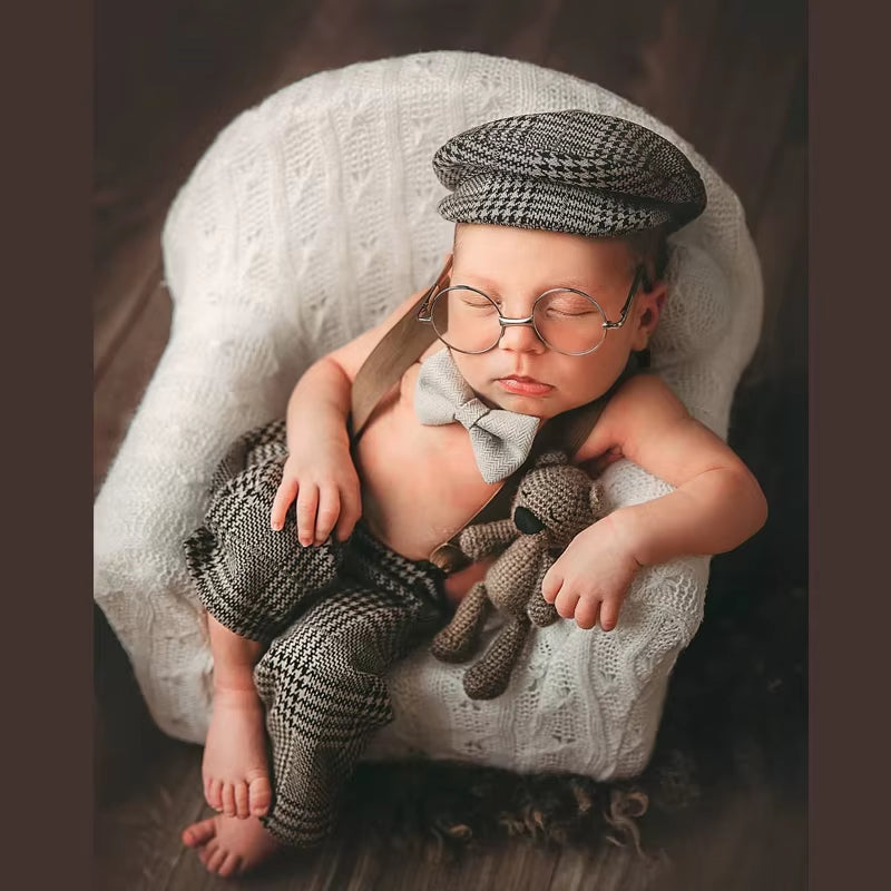 Newborn Clothes Boy Romper Hat Suits Set with Suspenders Baby Photography Prop Sessions Onesie Newborn Photo Outfit Flat Cap