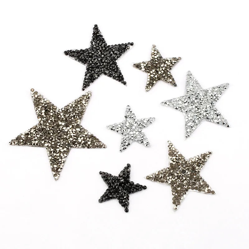 4/6/8Cm Hotfix Jet Hematite Star Rhinestone Mixed Embroidered Iron on Patch for Clothing Badge Paste for Clothes Bag Pant Shoes