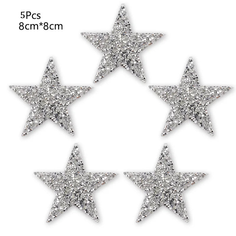 4/6/8Cm Hotfix Jet Hematite Star Rhinestone Mixed Embroidered Iron on Patch for Clothing Badge Paste for Clothes Bag Pant Shoes