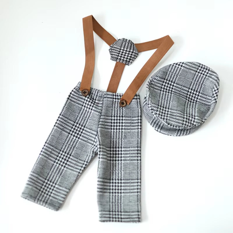 Newborn Clothes Boy Romper Hat Suits Set with Suspenders Baby Photography Prop Sessions Onesie Newborn Photo Outfit Flat Cap
