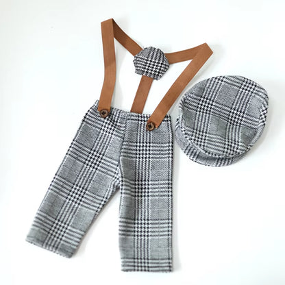 Newborn Clothes Boy Romper Hat Suits Set with Suspenders Baby Photography Prop Sessions Onesie Newborn Photo Outfit Flat Cap