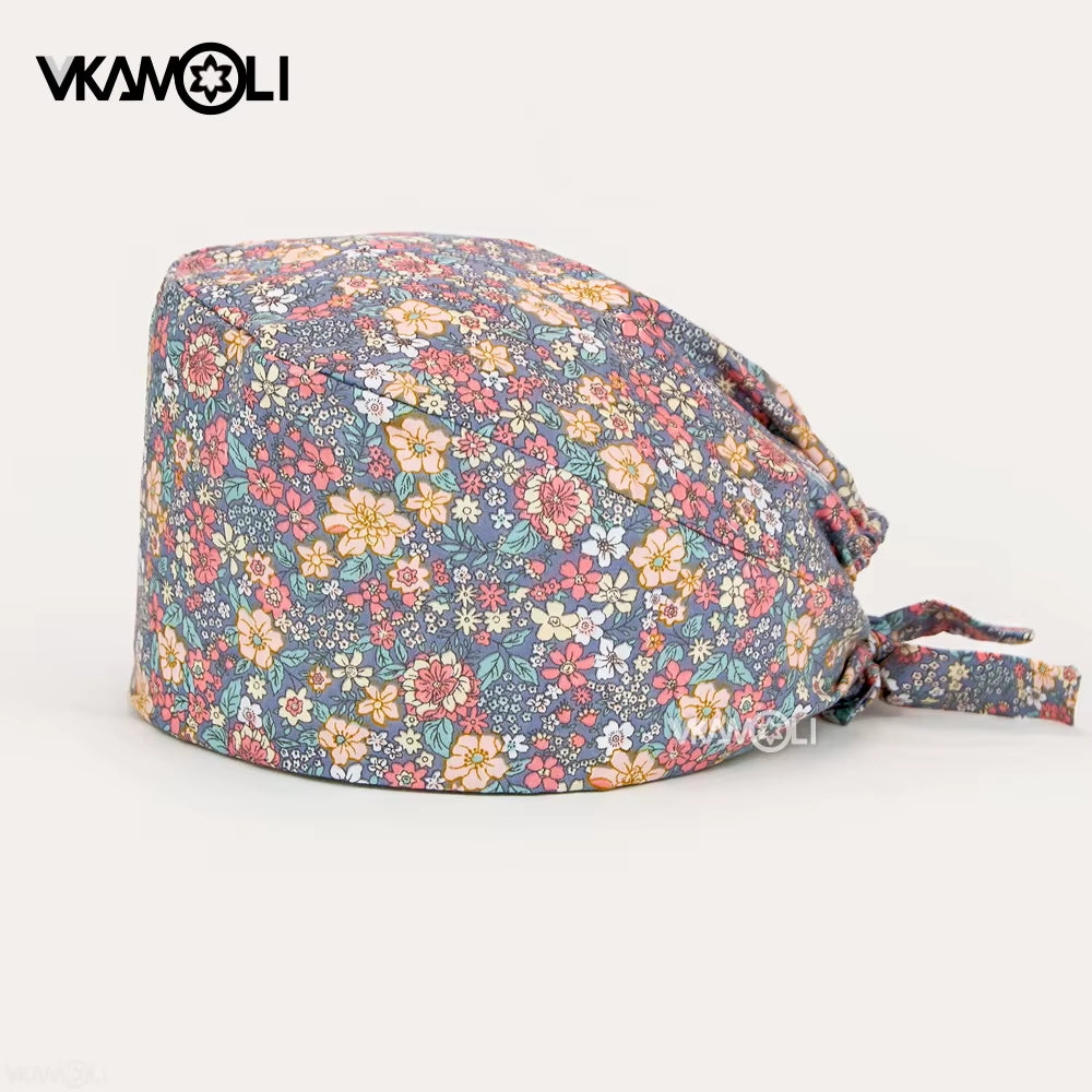 Women'S Cotton Scrubs Caps Weat-Absorbent Elastic Section Pet Grooming Nursing Work Hats Lab Flower Print Scrub Hat Wholesale