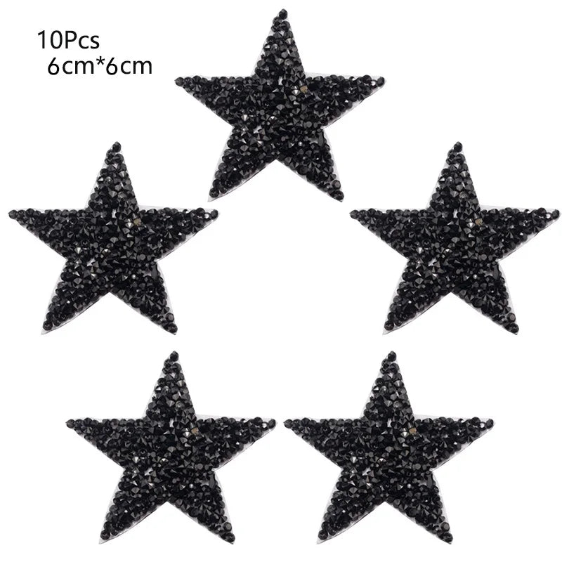 4/6/8Cm Hotfix Jet Hematite Star Rhinestone Mixed Embroidered Iron on Patch for Clothing Badge Paste for Clothes Bag Pant Shoes