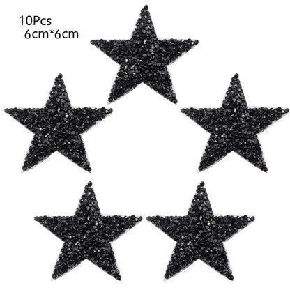 4/6/8Cm Hotfix Jet Hematite Star Rhinestone Mixed Embroidered Iron on Patch for Clothing Badge Paste for Clothes Bag Pant Shoes