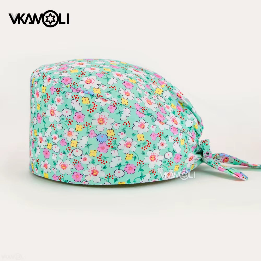 Women'S Cotton Scrubs Caps Weat-Absorbent Elastic Section Pet Grooming Nursing Work Hats Lab Flower Print Scrub Hat Wholesale