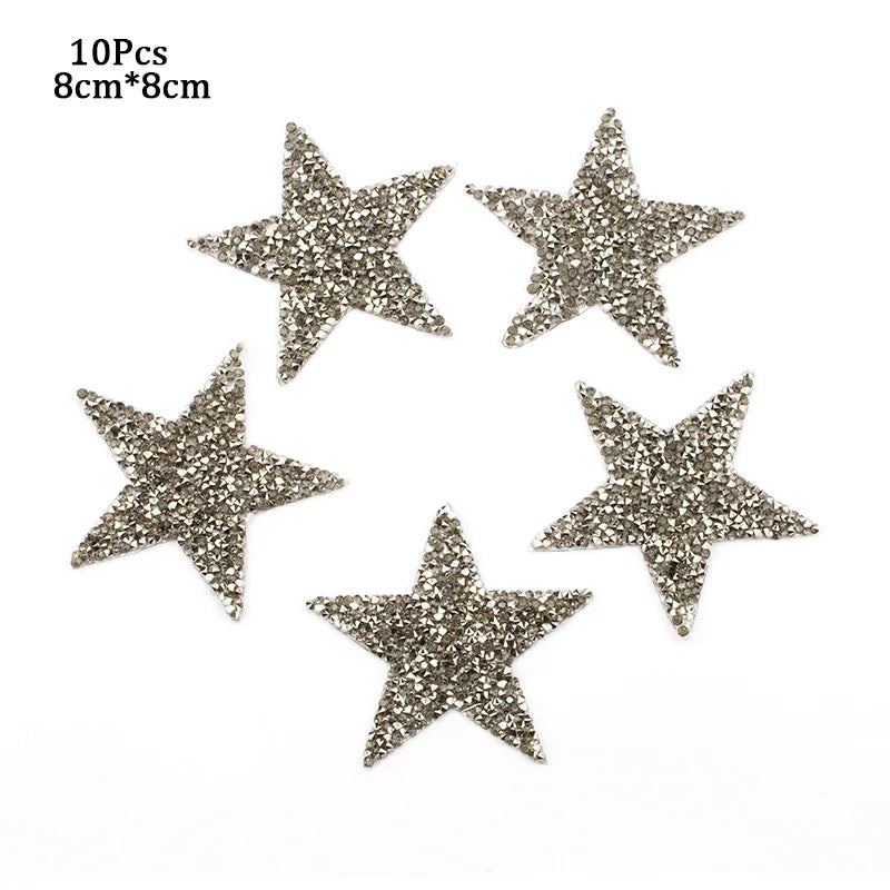 4/6/8Cm Hotfix Jet Hematite Star Rhinestone Mixed Embroidered Iron on Patch for Clothing Badge Paste for Clothes Bag Pant Shoes