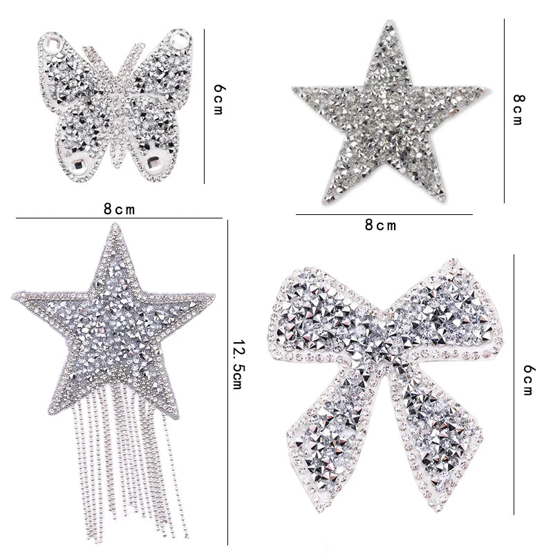 4/6/8Cm Hotfix Jet Hematite Star Rhinestone Mixed Embroidered Iron on Patch for Clothing Badge Paste for Clothes Bag Pant Shoes