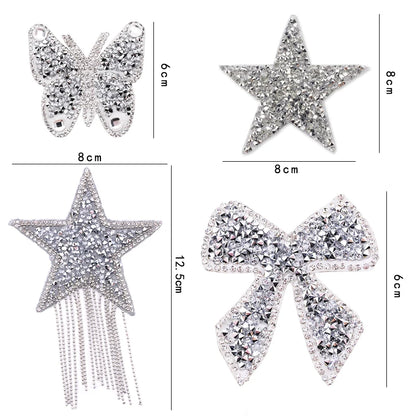 4/6/8Cm Hotfix Jet Hematite Star Rhinestone Mixed Embroidered Iron on Patch for Clothing Badge Paste for Clothes Bag Pant Shoes
