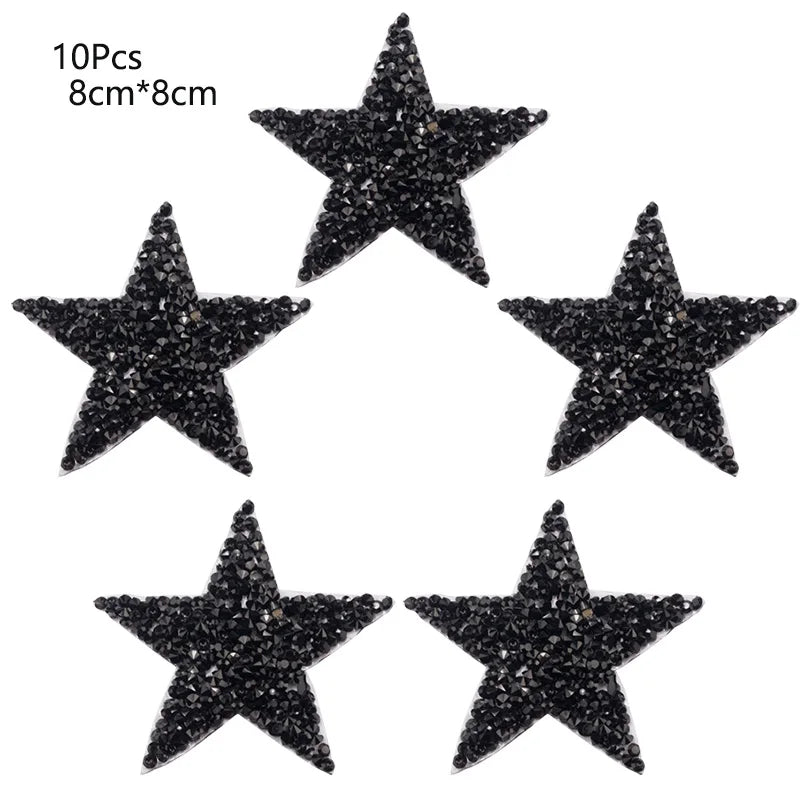 4/6/8Cm Hotfix Jet Hematite Star Rhinestone Mixed Embroidered Iron on Patch for Clothing Badge Paste for Clothes Bag Pant Shoes