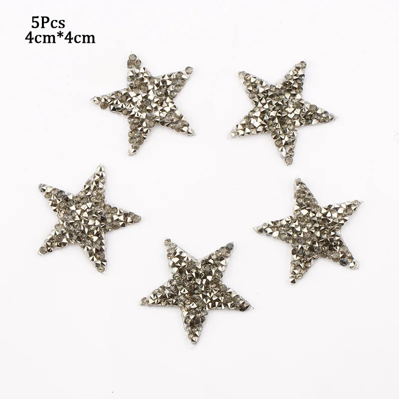 4/6/8Cm Hotfix Jet Hematite Star Rhinestone Mixed Embroidered Iron on Patch for Clothing Badge Paste for Clothes Bag Pant Shoes