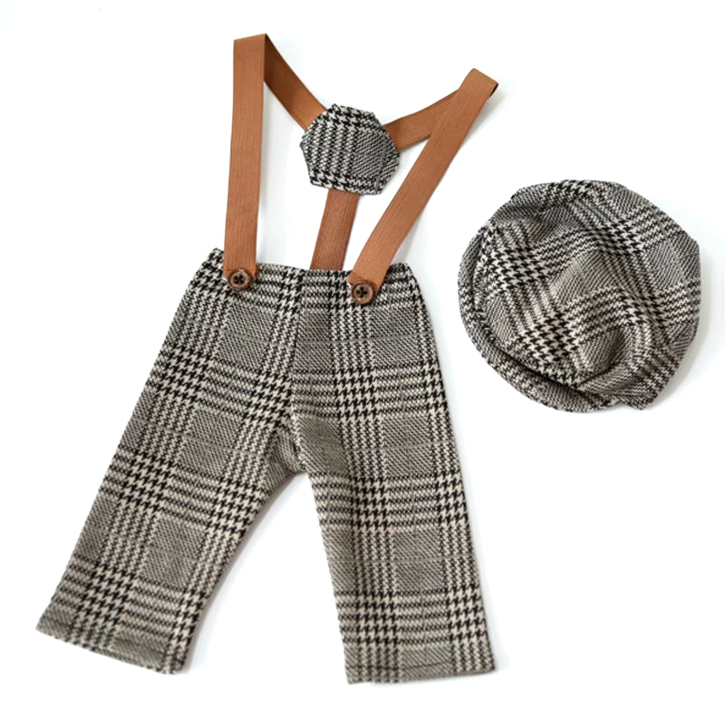 Newborn Clothes Boy Romper Hat Suits Set with Suspenders Baby Photography Prop Sessions Onesie Newborn Photo Outfit Flat Cap
