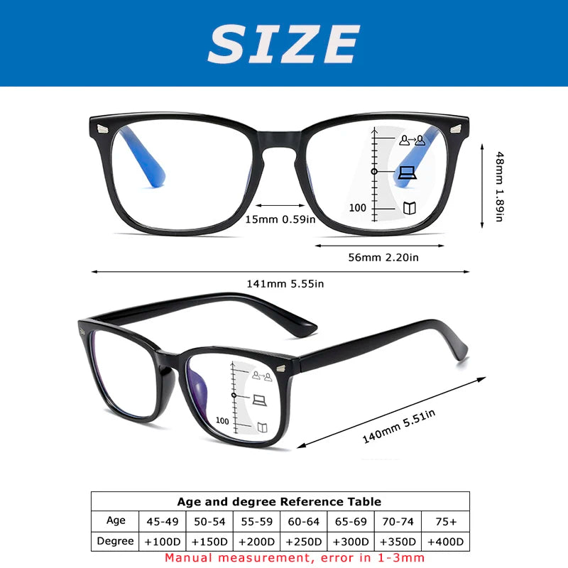 Square Multifocal Progressive Reading Glasses Men Fashion with Diopters Anti-Glare Computer Eyeglasses Women UV400