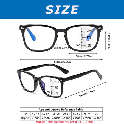 Square Multifocal Progressive Reading Glasses Men Fashion with Diopters Anti-Glare Computer Eyeglasses Women UV400