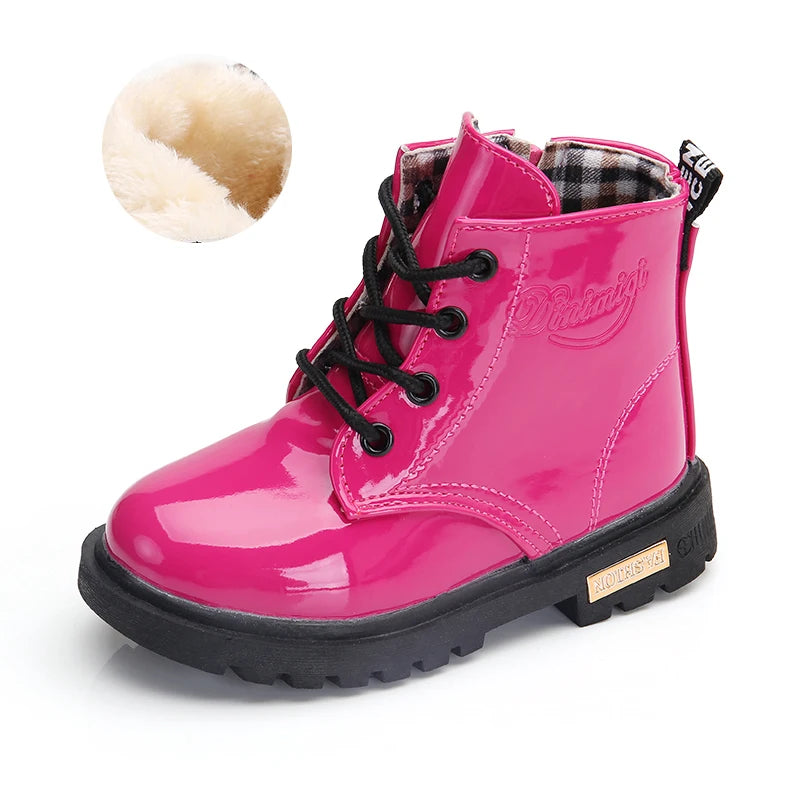 2025 New Winter Children Shoes PU Leather Waterproof Plush Boots Kids Snow Boots Brand Girls Boys Casual Boots Fashion Sneakers