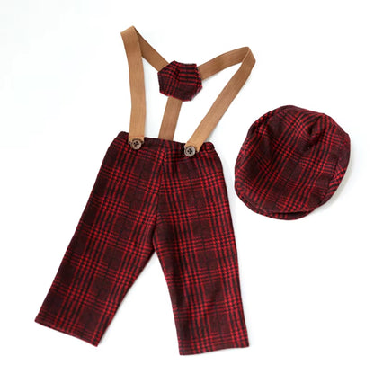 Newborn Clothes Boy Romper Hat Suits Set with Suspenders Baby Photography Prop Sessions Onesie Newborn Photo Outfit Flat Cap