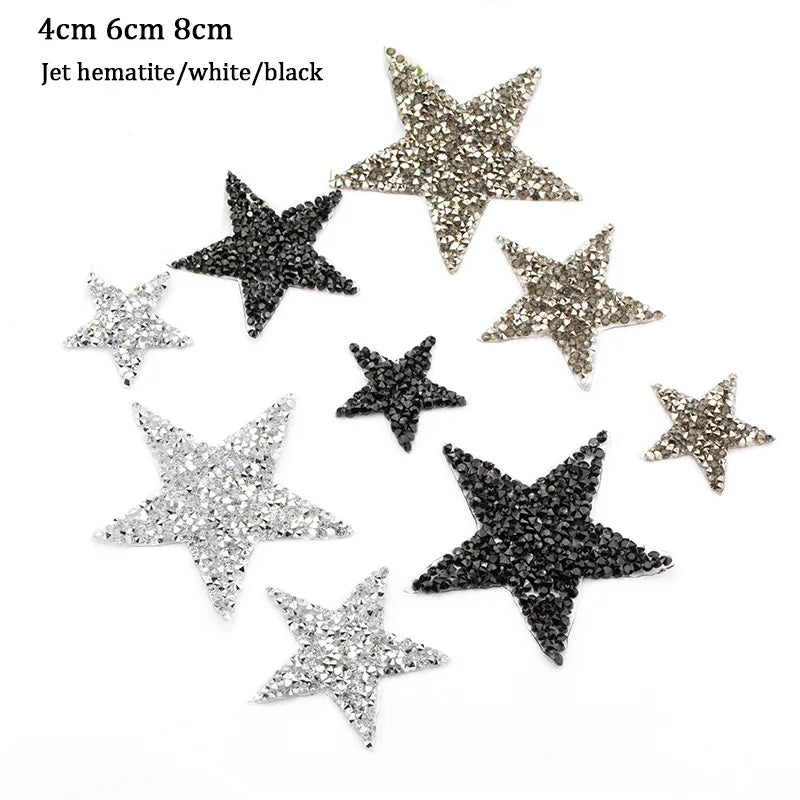 4/6/8Cm Hotfix Jet Hematite Star Rhinestone Mixed Embroidered Iron on Patch for Clothing Badge Paste for Clothes Bag Pant Shoes