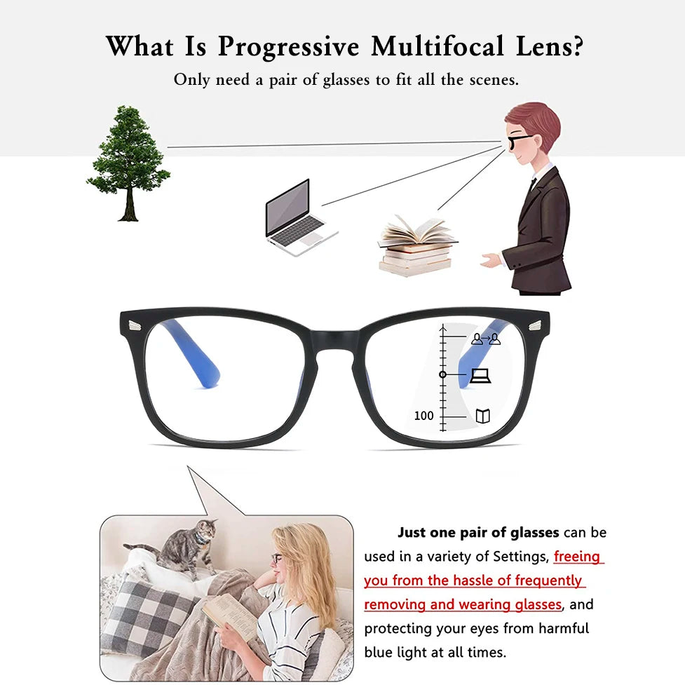 Square Multifocal Progressive Reading Glasses Men Fashion with Diopters Anti-Glare Computer Eyeglasses Women UV400