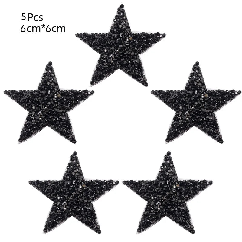 4/6/8Cm Hotfix Jet Hematite Star Rhinestone Mixed Embroidered Iron on Patch for Clothing Badge Paste for Clothes Bag Pant Shoes