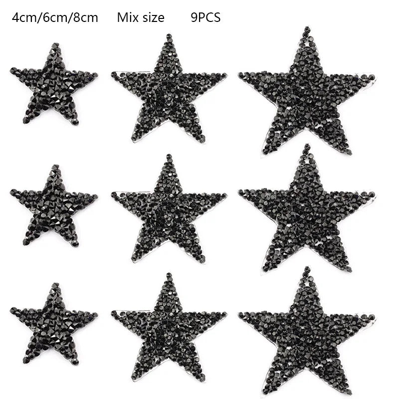 4/6/8Cm Hotfix Jet Hematite Star Rhinestone Mixed Embroidered Iron on Patch for Clothing Badge Paste for Clothes Bag Pant Shoes