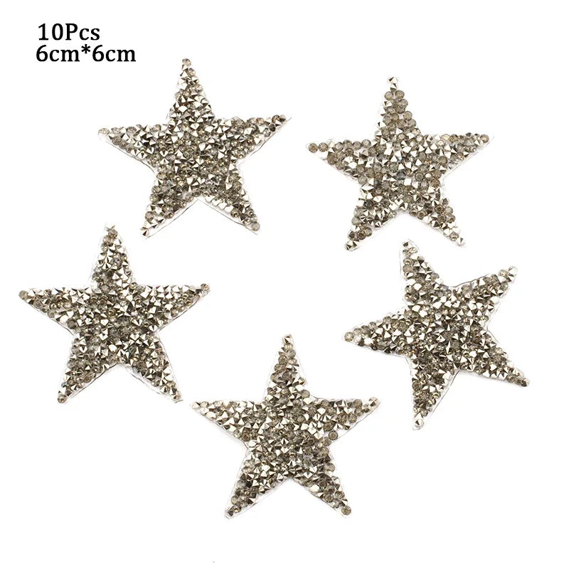 4/6/8Cm Hotfix Jet Hematite Star Rhinestone Mixed Embroidered Iron on Patch for Clothing Badge Paste for Clothes Bag Pant Shoes