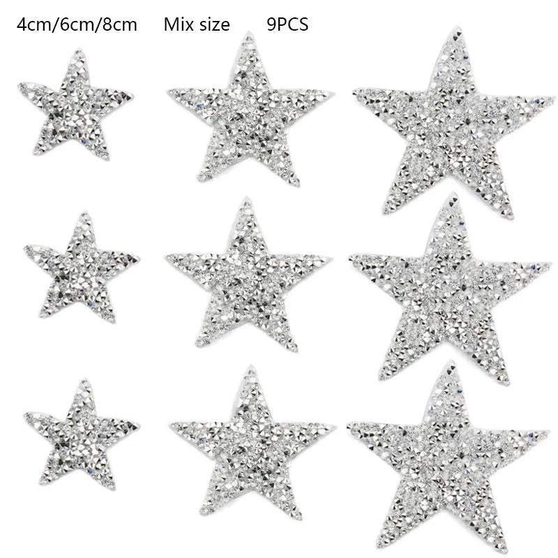 4/6/8Cm Hotfix Jet Hematite Star Rhinestone Mixed Embroidered Iron on Patch for Clothing Badge Paste for Clothes Bag Pant Shoes