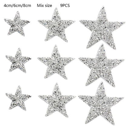 4/6/8Cm Hotfix Jet Hematite Star Rhinestone Mixed Embroidered Iron on Patch for Clothing Badge Paste for Clothes Bag Pant Shoes