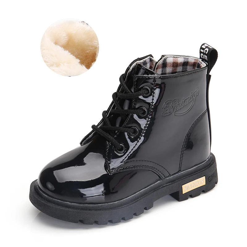 2025 New Winter Children Shoes PU Leather Waterproof Plush Boots Kids Snow Boots Brand Girls Boys Casual Boots Fashion Sneakers